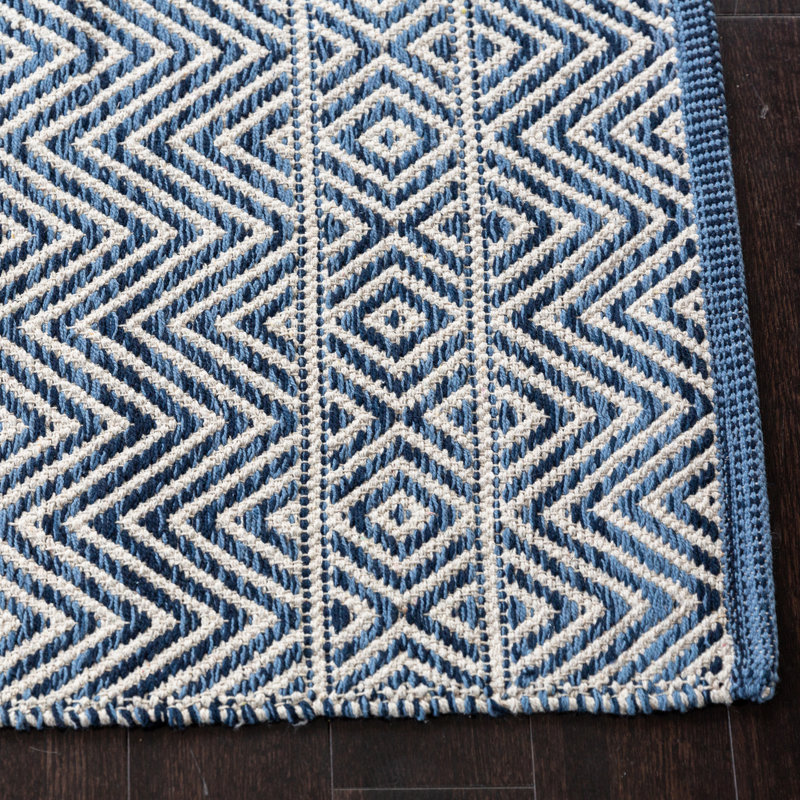 Shannock Chevron Handwoven Cotton Blue Area Rug, Rectangle 2'2" x 4'