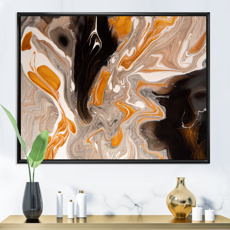 Orange et vagues de marbre noir III - peinture sur toile, H 24 po x l 32 po x P 1 po, Cadre flottant noir