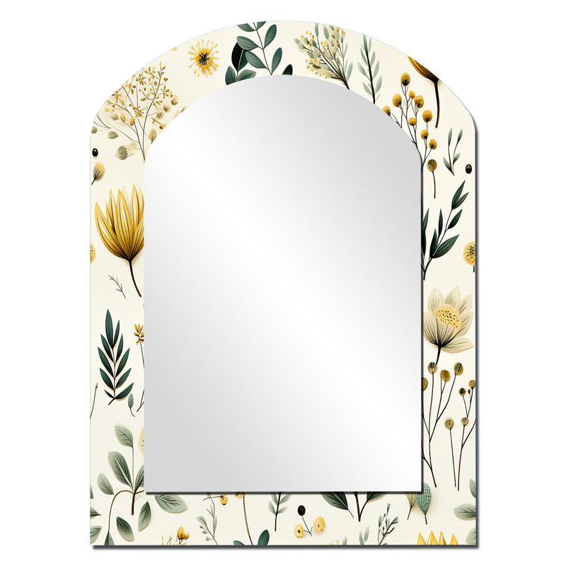 Botanical Neutrals Boho Pattern - Botanical Arch Wall Mirror, Green Asymmetrical Decorative Mirror, Printed Metal Art