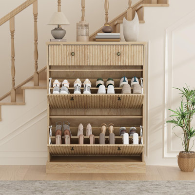 Narrow Shoe Cabinet with 2 Flip Drawers and Top Drawer, Freestanding Entryway Shoe Storage with Adjustable Shelves