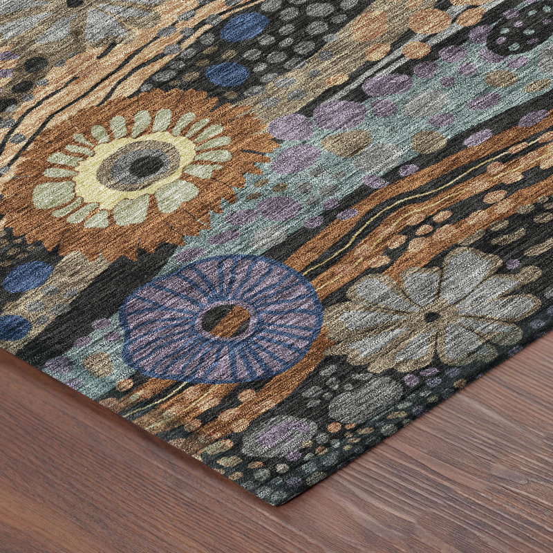 Tapis floral intérieur / extérieur lavable à la machine Chantille ACN2498, Noir, 3 pi x 5 pi