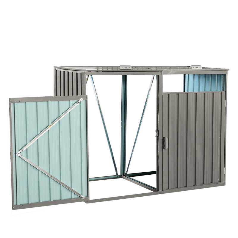 Outdoor Bin Shed For Garbage - Grey 2 Trash Cans Galvanized Steel, , Scratch-, Ventilated With Openings, Locks And Handles 2 Rot-, Convenient Disposal Storage