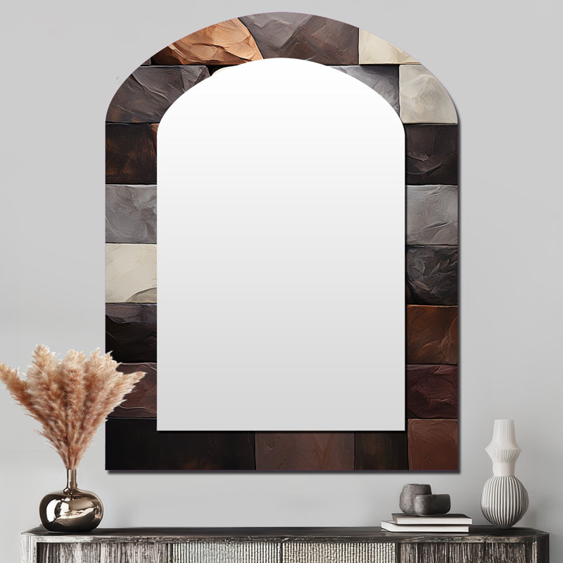 Bean Stone Collage I - Stone Geode Arch Mirror, Grey Asymmetrical Unique Wall Mirror, Printed Metal Art, 43" x 33"