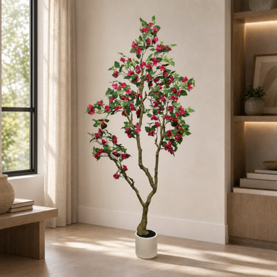 Bougainvillée artificiel 7 pi avec fleurs en soie rose rouge et bassin blanc