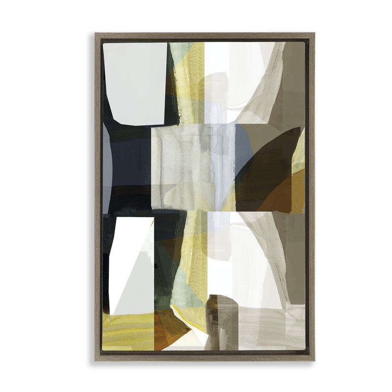 Toile flottante géométrique avec blocs blancs et cadre doré par cartissi, Cadre flottant orme Montalcino, H 31 po x l 21 po