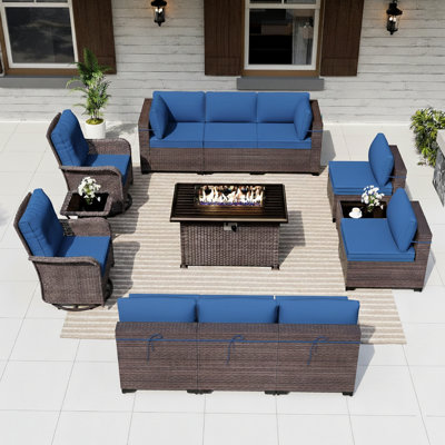 13 Pieces All-Weather Wicker Patio Furniture Set With Propane Fire Pit Table, Swivel Rocking Chairs, And Cushions