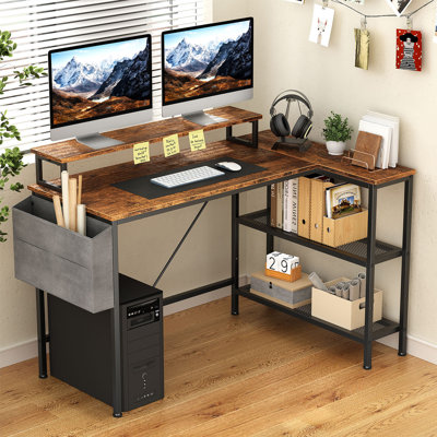 Bureau d'ordinateur en L 45,4 po avec support pour écran et support de rangement pour tablettes