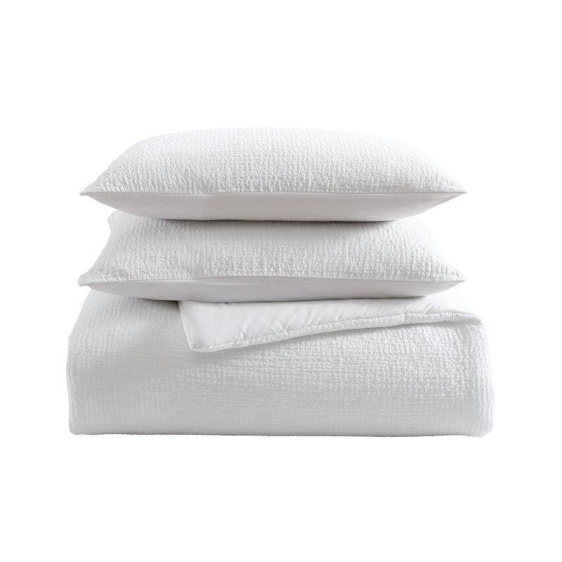 Vera Wang Puckered Texture Cotton White  Comforter Set, King Comforter + 2 King Shams