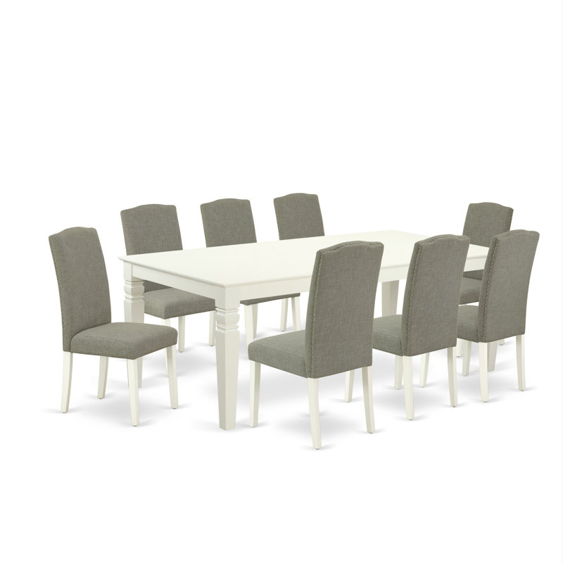 Cet ensemble de salle à manger 9 pièces comprend une table de salle à manger rectangulaire avec feuille papillon et 8 chaises rembourrées en lin Shitake foncé, blanc lin