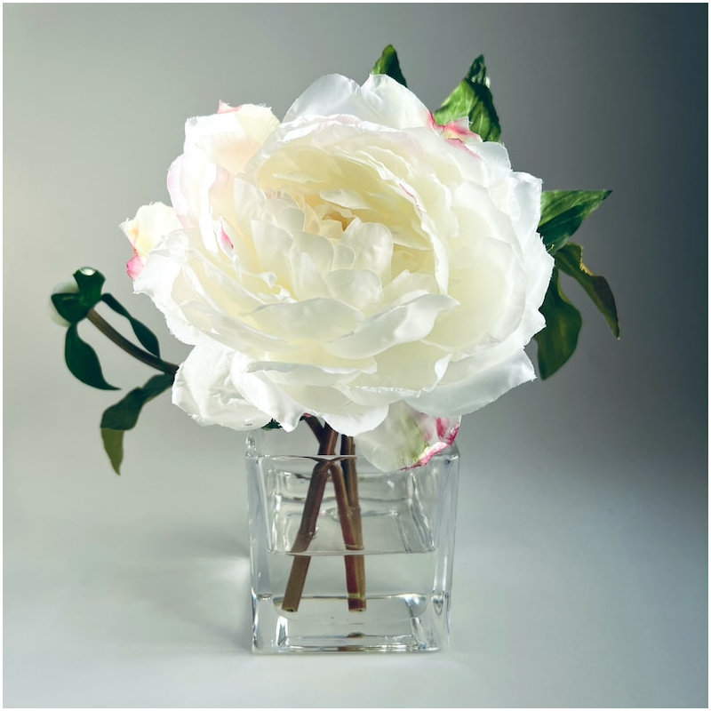 Peony Flower Arrangement in Glass Vase, White