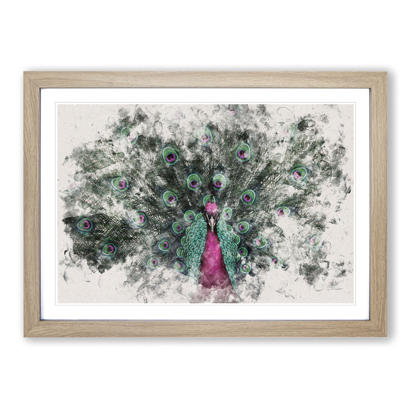 Mesmerising Pink and Green Peacock - Picture Frame Painting Print, 62cm H x 87cm W x 2cm D, Oak Framed