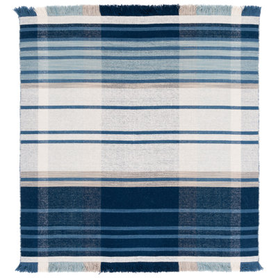 Anjail Flat Weave Wool/Cotton Plaid Rug in Beige/Blue