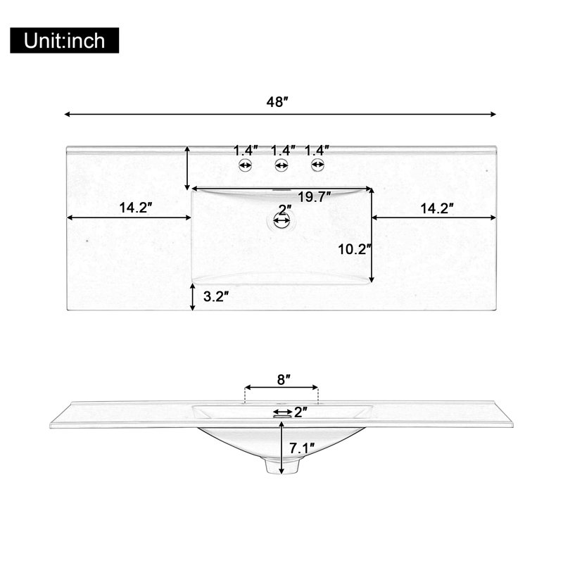 Ensemble de toilette double vasque en résine de 122 cm (48 po), 122 x 45,5 x 18 cm (48 x 17,9 x 7,09 po), résine, monobloc, comptoir de toilette, blanc, deux lavabos rectangulaires pour faciliter les routines du matin partagées