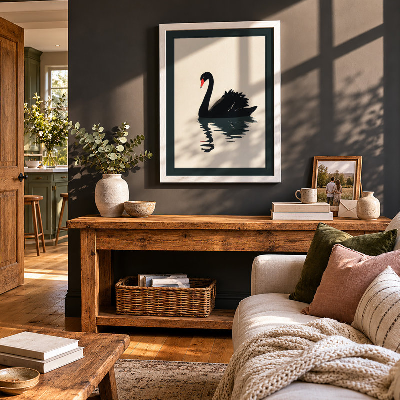 Black Swan Reflection Japandi - Framed Print, A4 - 29.7 x 21.0 cm, White