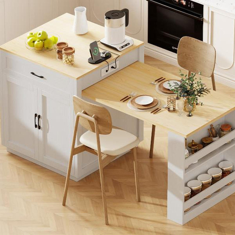 82.7 Inch Kitchen Island With Extendable Dining Table For 4-6 Person,Two-Tone Kitchen Table With Double-Sized Storage, Power Outlet, Kitchen Island With Storage 2 Drawers 2 Side Open Shelves,White