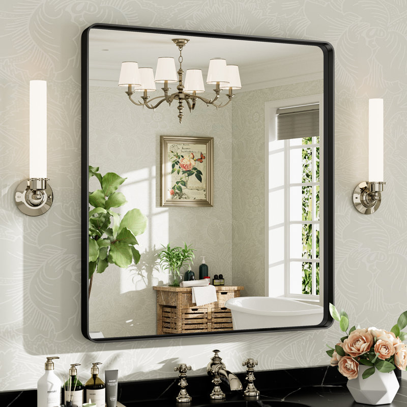 Miroir de salle de bain mural Llesenia, 36 po x 32 po, Noir mat, Rectangulaire