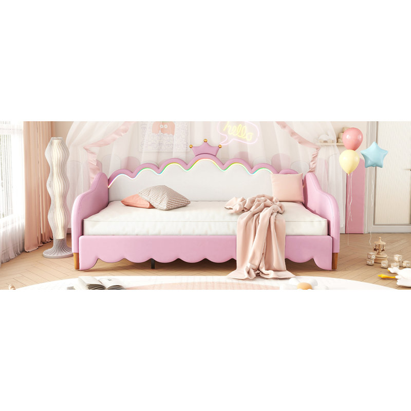 Lit de jour simple à rallonge avec lumières DEL, lit de jour rembourré princesse moderne avec tête de lit couronne, rose