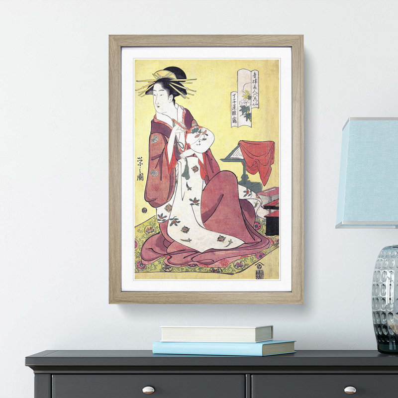 Lady with a Fan by Chobunsai Eishi - Picture Frame Painting Print, 36cm H x 27cm W x 2cm D, Oak Framed