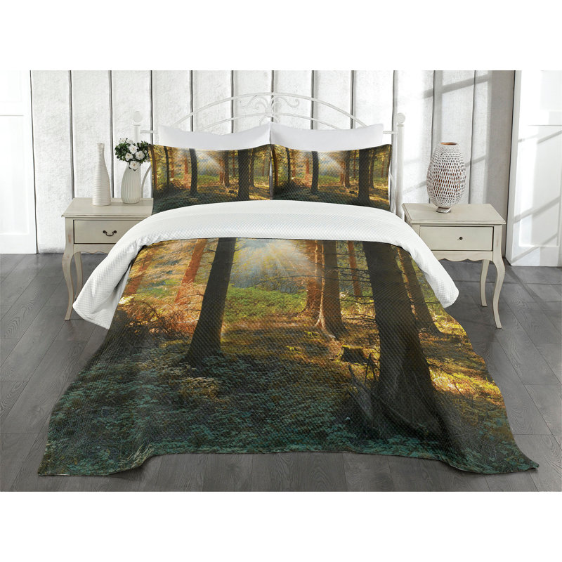 Ambesonne Autumn Bedspread Sunset Dark Pine, King Bedspread + 2 Standard Shams