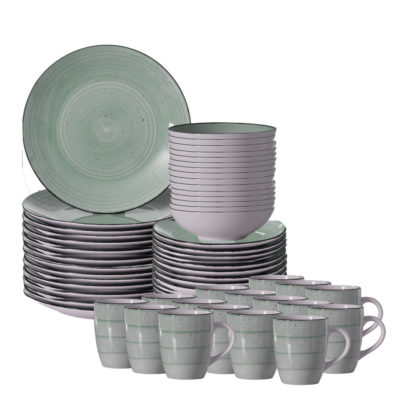 64-piece Spin Wash Stoneware Dinnerware Set Service For 16 Swirl Glazed Green Finish Includes Mugs, Bowls, Salad And Dinner Plates Chip And Crack Resistant Microwave And Dishwasher Safe