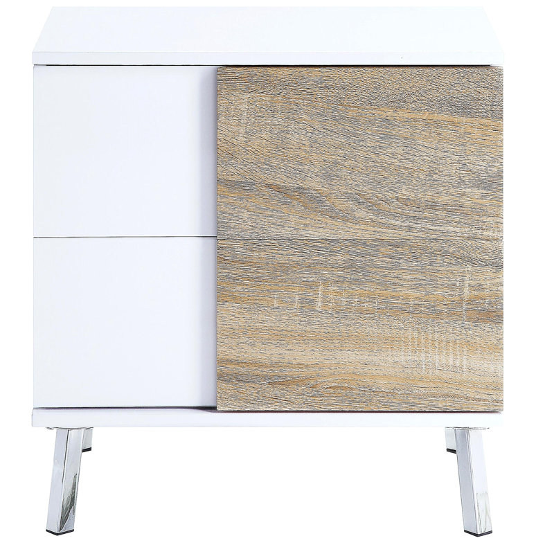Table de bout blanche brillante et naturelle avec 2 tiroirs