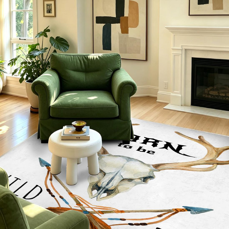 Tapis d'intérieur blanc lavable à la machine, motif crâne de cerf et animaux, idéal pour les rêves., Rectangle 55" x 79"
