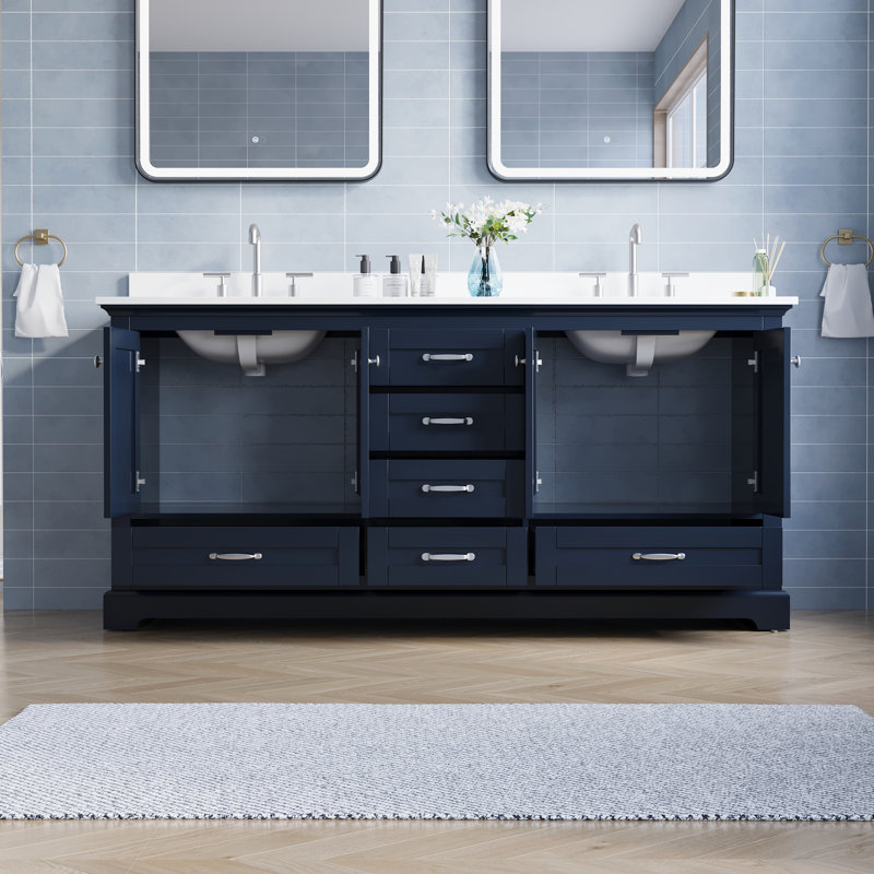 Meuble-lavabo de salle de bain en bois massif, 183 cm (L) x 87 cm (H), avec comptoir en marbre reconstitué blanc pur et double lavabo, bleu marine