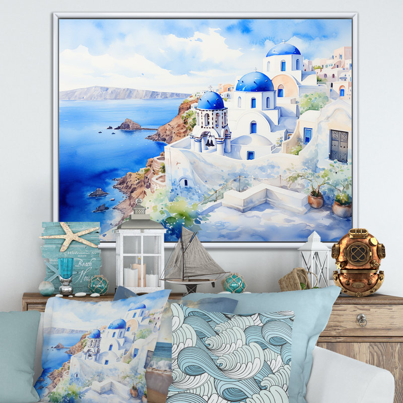 «Blue and White Greek Isles Village II - Grèce», art mural, Cadre flottant blanc, H 30 po x l 40 po x P 1,5 po