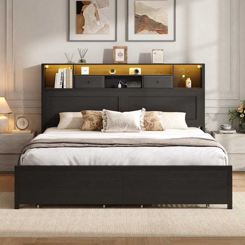 Cadre de lit double avec tête de lit de rangement, lumières DEL RVB et 2 tiroirs sous le lit, Double, Blanc