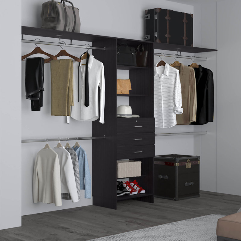 Closet System, 3 Drawers, 5 Shelves, 118.21"W x 15.81"D, Black