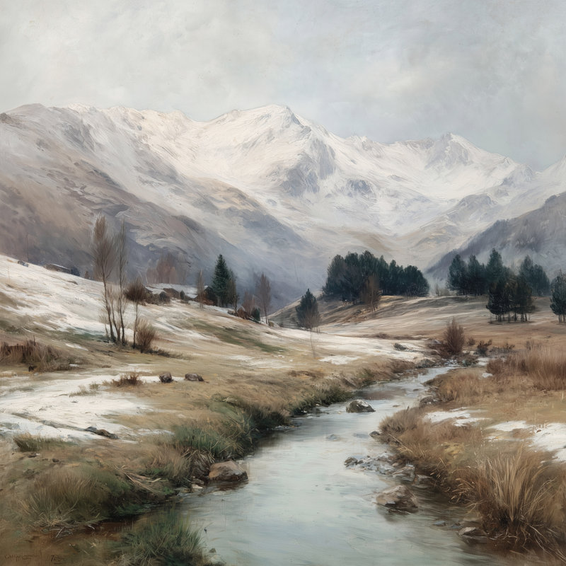 «Highland Snow Stream Mountain», art mural sur toile, 30 po x 30 po