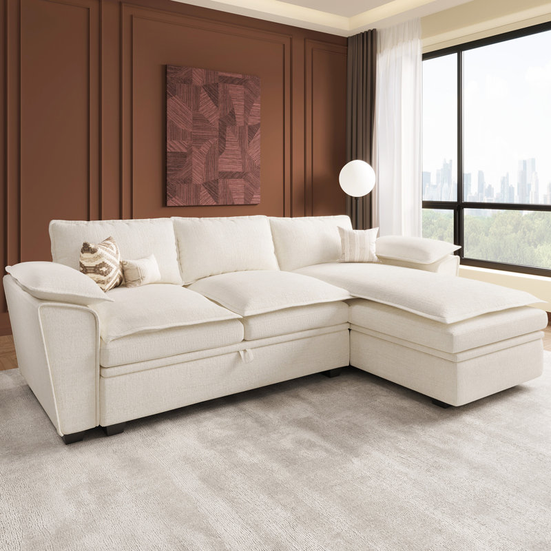 Canapé modulaire rembourré en L avec méridienne, Chenille beige