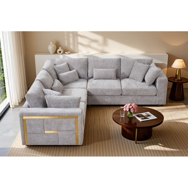 Howser Corner Sofa, Grey - Gold Accents