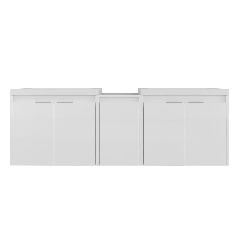 Meuble-lavabo double 60 po avec lavabos doubles en résine, portes à fermeture en douceur et armoire latérale - Contreplaqué blanc brillant, conception murale moderne