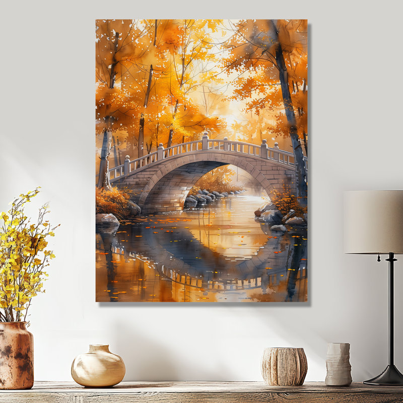 Jaune et beige, automne, rivière de beauté, pont V, Métal métal, H 16 po x l 32 po