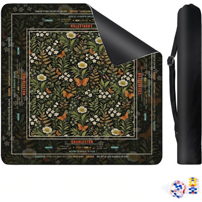 Tapis de jeu de mahjong floral foncé avec règles, antidérapant et antidérapant 33 po x 33 po, caoutchouc, avec sac de transport d'instructions de jeu, pour cartes
