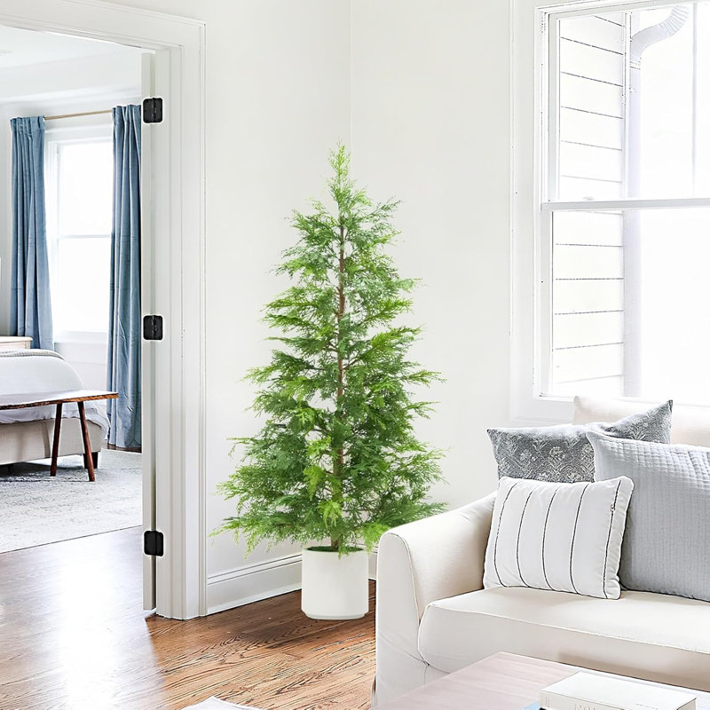 2 arbres topiaires en cèdre artificiel avec pot blanc, plantes artificielles, faux feuillage persistant résistant aux rayons UV, arbre de Noël artificiel