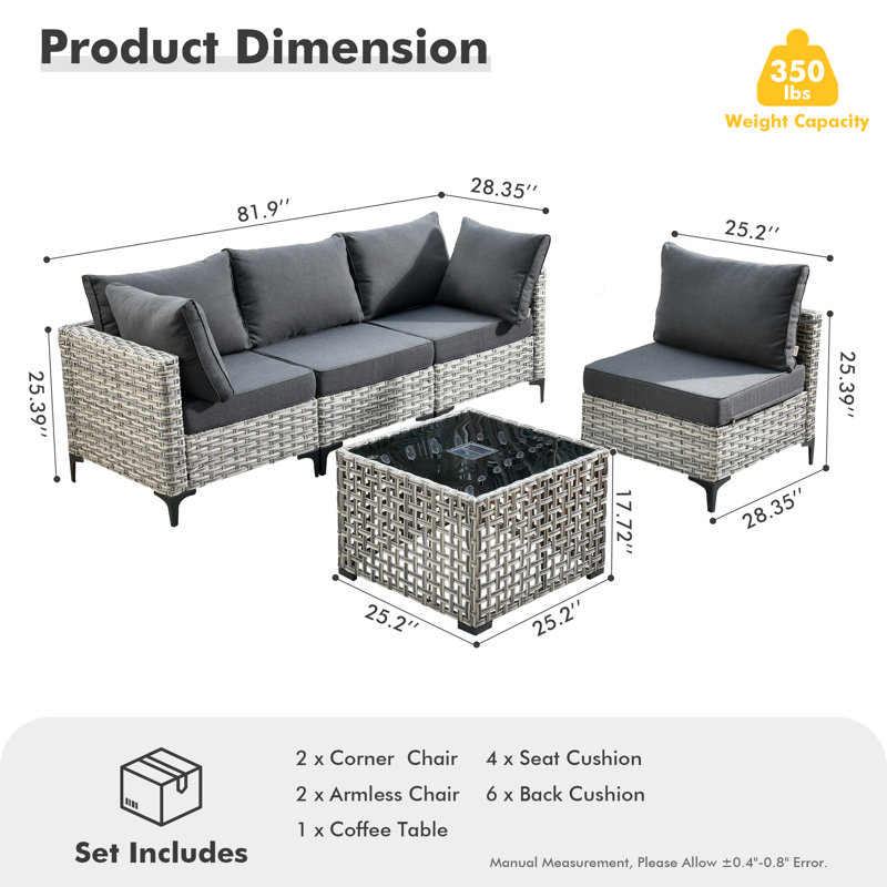 High Density Pe Rattan Woven Outdoor Sofa 5-piece Set With Luminous Coffee Table, Black