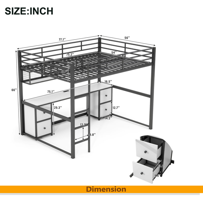 Lit mezzanine double en métal avec bureau, Noir / blanc