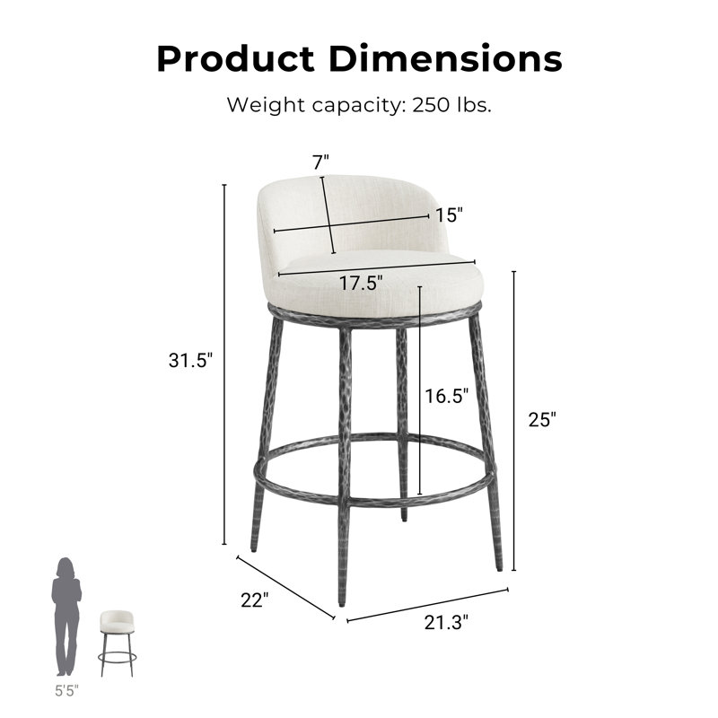 Corrinne Hammered Forged Steel Upholstered Counter Height Stool, Matte Gray