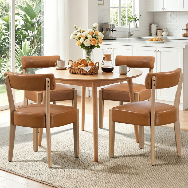 Faux Leather Solid Wood Side Dining Chairs,  Brown