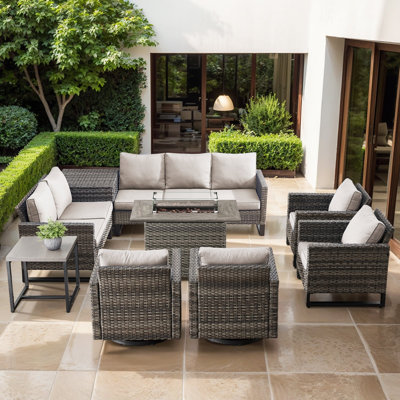 Naresa 9-Piece Outdoor Wicker Conversation Set With Sectional Sofa, Fire Pit Table, Swivel Chairs & Storage Box by Ebern Designs