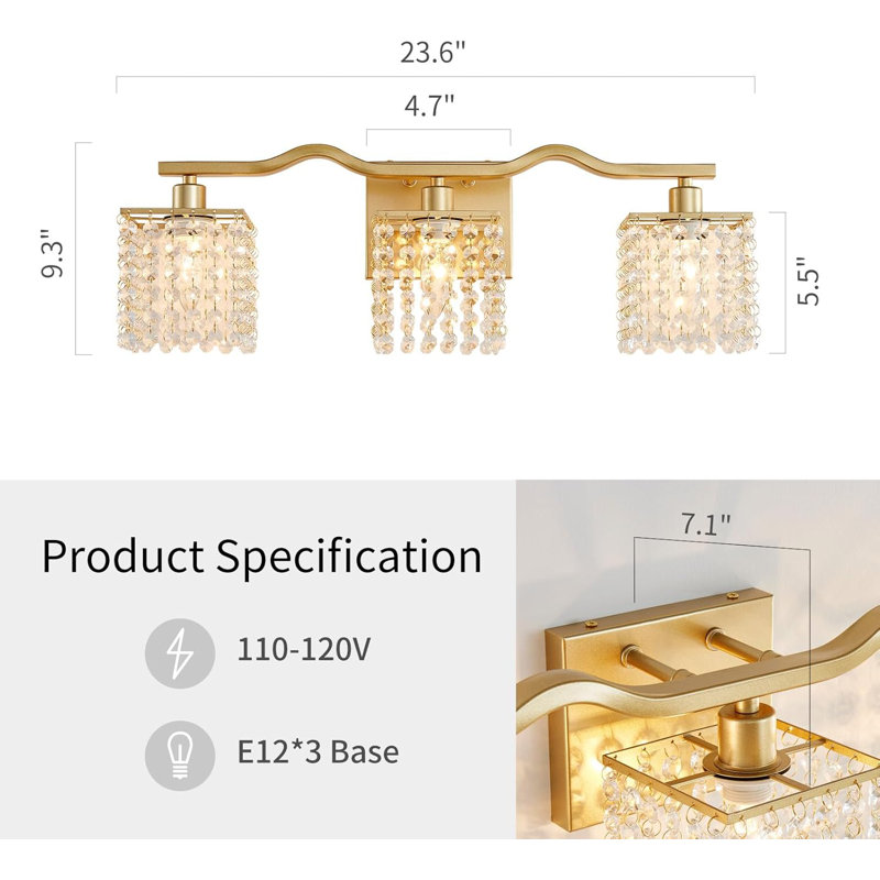 Applique murale de meuble-lavabo moderne à 3 lumières avec gouttes en cristal transparent, base E12 pour le couloir du salon de la chambre à coucher