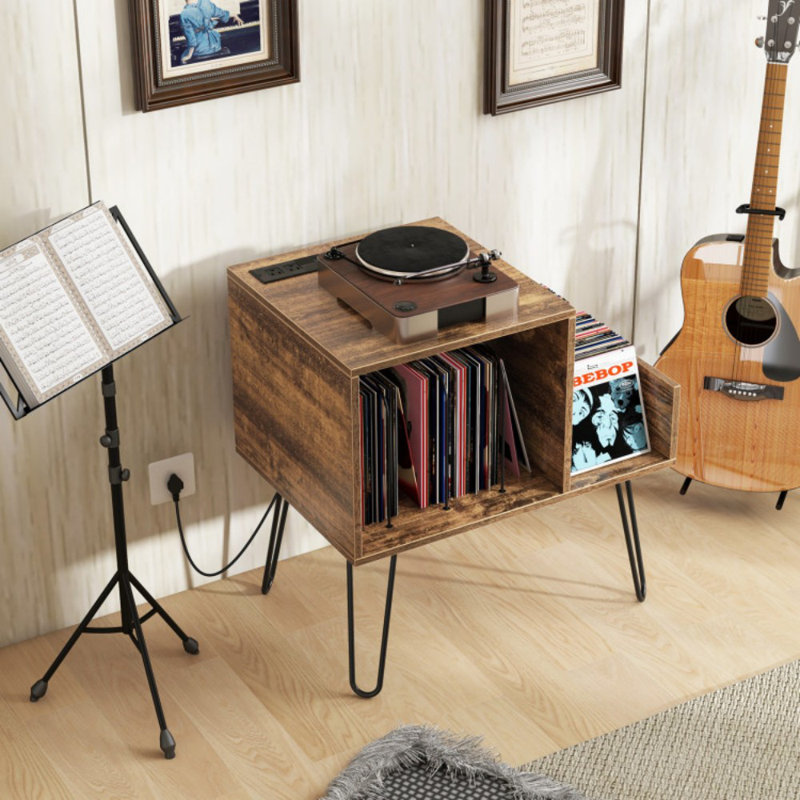 Support pour tourne-disque Mid-Century avec prise de courant et séparateur en vinyle, Brun rustique