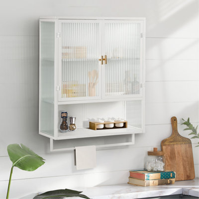 Cabinet 23.62"Glass Doors Modern Two-Door Wall With Featuring Two-Tier Enclosed Storage, An Open Shelf, And Towel Rack, For Entryway Living Room Bathroom Dining Room