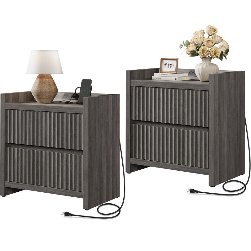 Allete Modern Fluted 2-Drawer Nightstand With Charging Station, Graphite