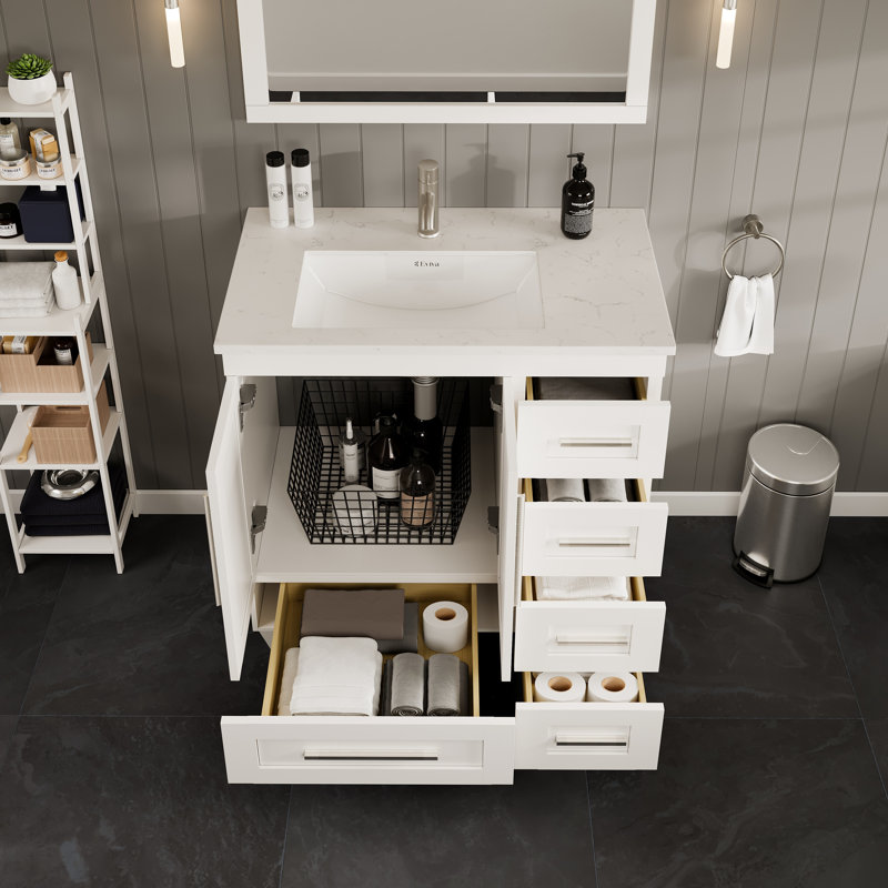 Kempst 30"W x 22"D Bathroom Vanity with Undermount Porcelain Sink, Quartz - White Carrara, White