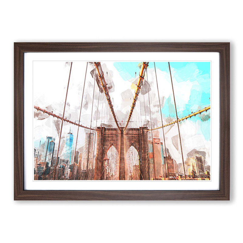 Brooklyn Bridge New York City in Abstract - Picture Frame Graphic Art Print, 27cm H x 36cm W x 2cm D, Walnut Framed