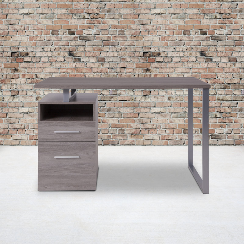 Light Ash Wood Computer Desk with Drawer and Silver Frame