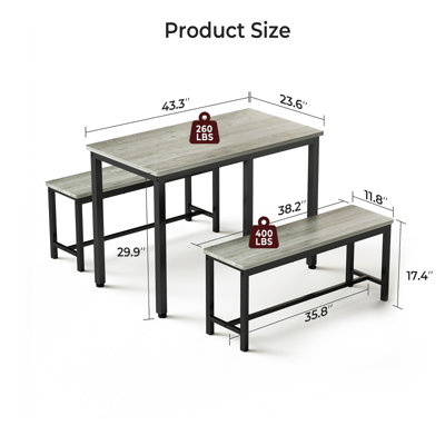 3-Piece Space-Saving Dining Table Set for 4 with 2 Benches